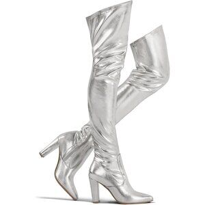 Women Silver Suede Stretch Thigh High Over The Knee Chunky Heel Pointed Toe Boot